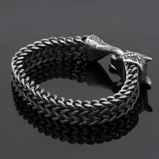 Pulsera para Hombre de Acero con Eslabón Cubano y Cabeza de Lobo
