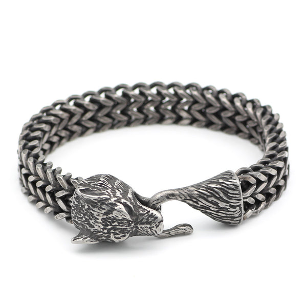 Pulsera para Hombre de Acero con Eslabón Cubano y Cabeza de Lobo