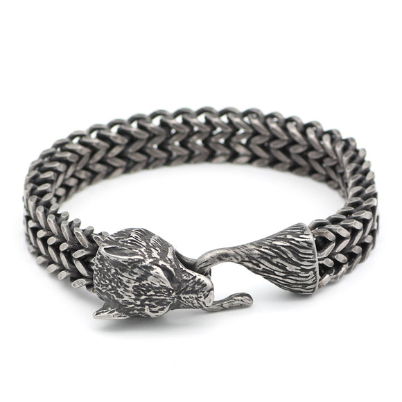 Pulsera para Hombre de Acero con Eslabón Cubano y Cabeza de Lobo