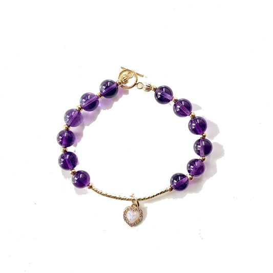 Pulsera de Amatista Natural con Dije de Amor en Oro 14K - Diseño Coreano Artesanal