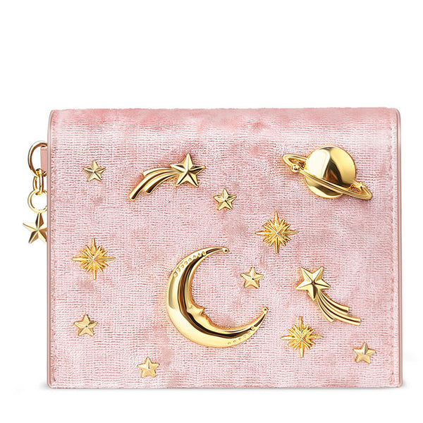 Billetera Corta de Terciopelo con Diseño de Estrellas y Luna
