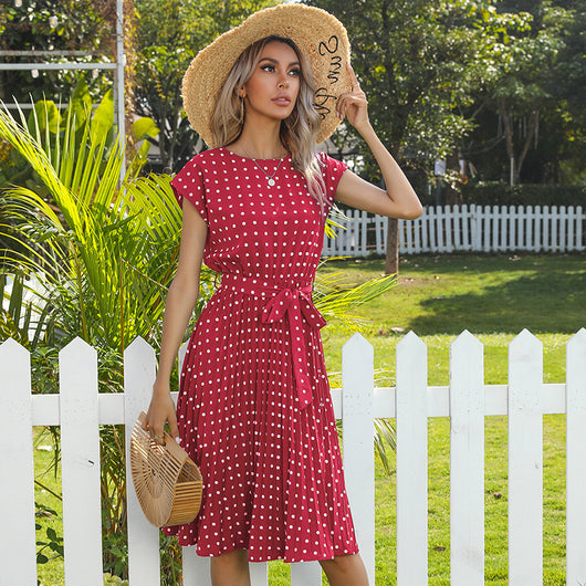 Vestido Midi Lunares Escote Redondo Manga Corta con Cordones para Mujer - Image 7