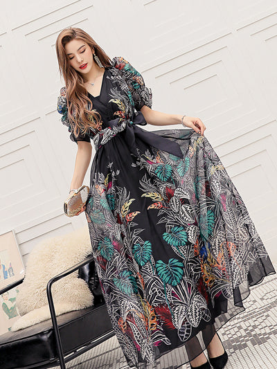 Vestido Floral con Mangas Abullonadas y Vuelo Amplio para Playa - Image 11