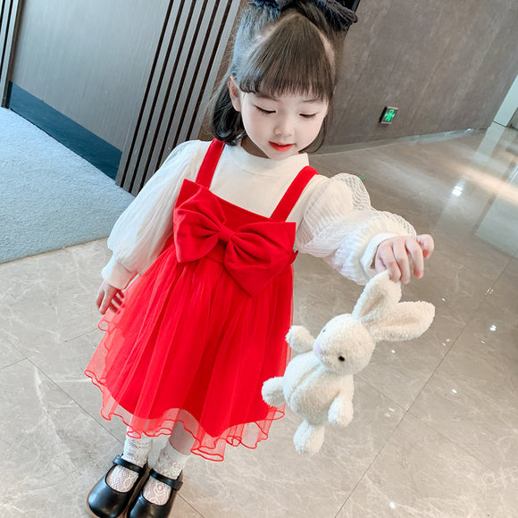 Vestido Infantil Dos Piezas con Falda de Moño para Primavera y Otoño