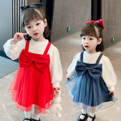 Vestido Infantil Dos Piezas con Falda de Moño para Primavera y Otoño