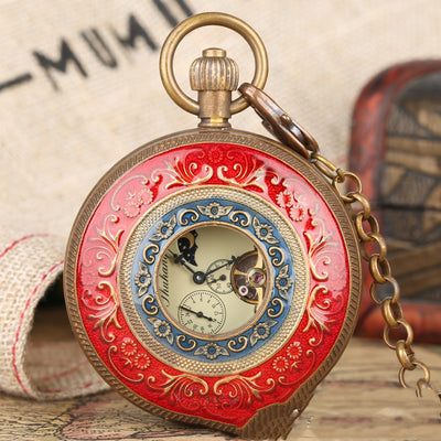 Reloj de Bolsillo Mecánico de Cobre Puro con Volante, Diseño Hueco Rojo y Azul - Image 7