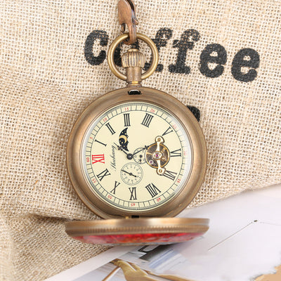 Reloj de Bolsillo Mecánico de Cobre Puro con Volante, Diseño Hueco Rojo y Azul - Image 2