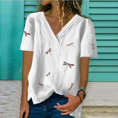Blusa Estampado Libélula Cuello V Manga Corta