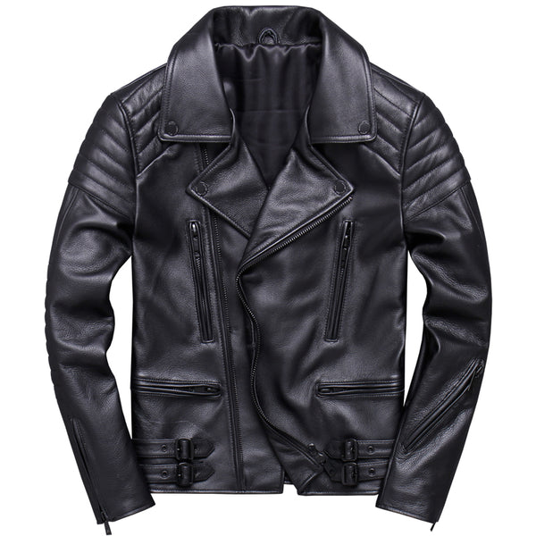 Chaqueta de Cuero Vacuno Premium con Cierre Diagonal y Solapa