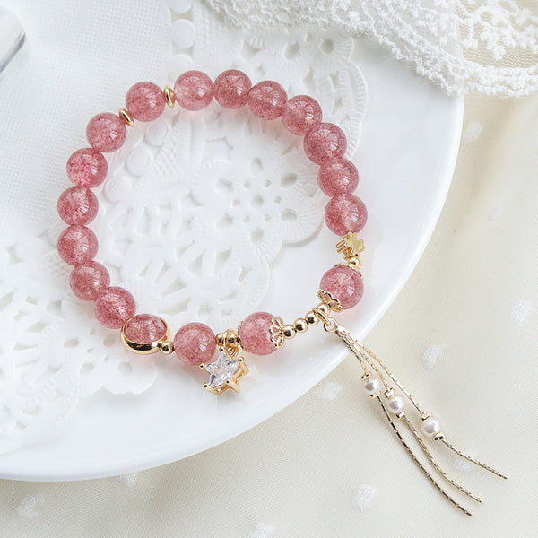 Pulsera de Cristal Fresa con Perlas de Cuarzo Rosa - Atrae Amor y Prosperidad