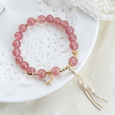 Pulsera de Cristal Fresa con Perlas de Cuarzo Rosa - Atrae Amor y Prosperidad