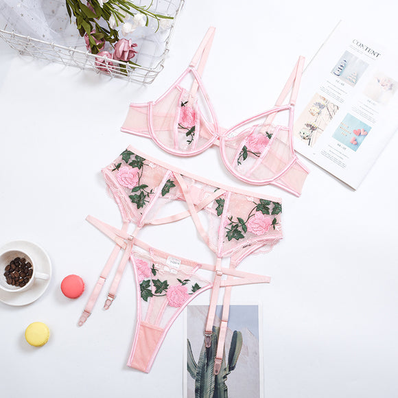 Conjunto de Lingerie Sensual com Bordado de Renda e Cinta-Liga de Três Pontos