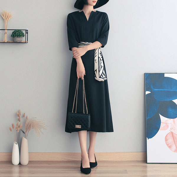 Vestido Largo Retro Verano Mujer Negro Elegancia Francesa