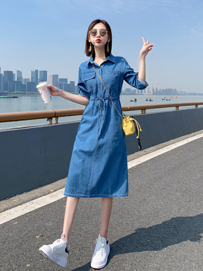 Vestido Denim Elegante Largo Hasta la Rodilla con Mangas Cortas para Mujer - Image 6