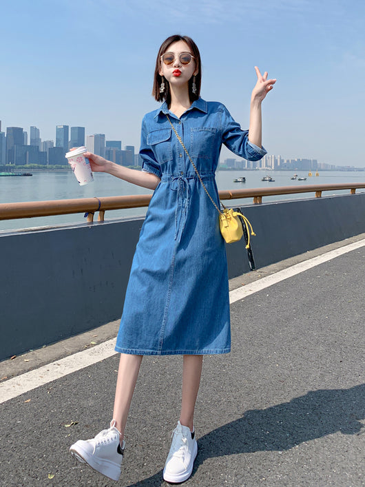 Vestido Denim Elegante Largo Hasta la Rodilla con Mangas Cortas para Mujer - Image 6