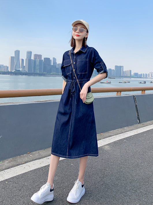 Vestido Denim Elegante Largo Hasta la Rodilla con Mangas Cortas para Mujer - Image 7