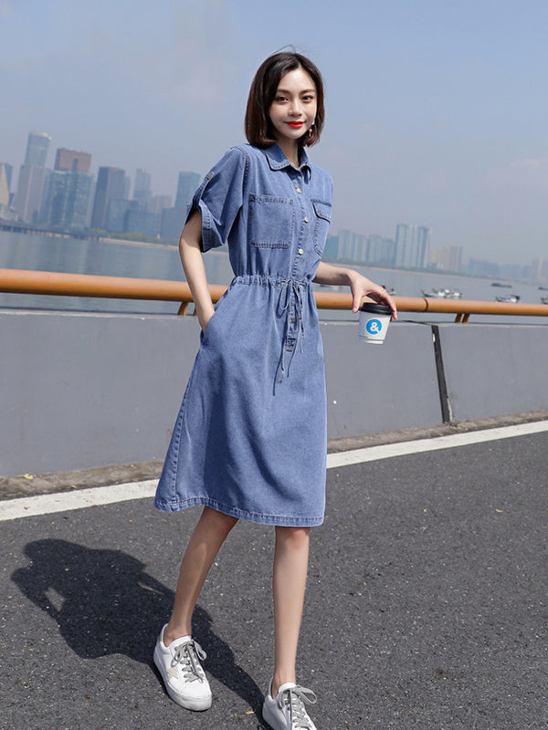 Vestido Denim Elegante Largo Hasta la Rodilla con Mangas Cortas para Mujer