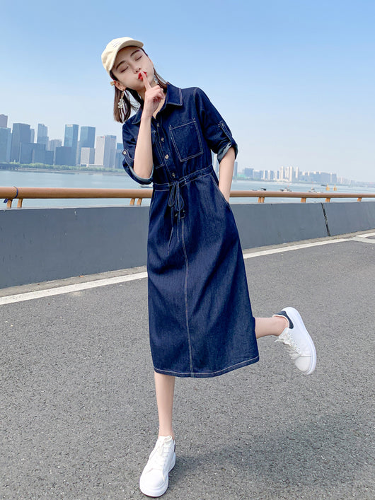 Vestido Denim Elegante Largo Hasta la Rodilla con Mangas Cortas para Mujer - Image 3