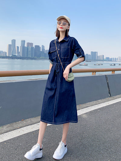 Vestido Denim Elegante Largo Hasta la Rodilla con Mangas Cortas para Mujer