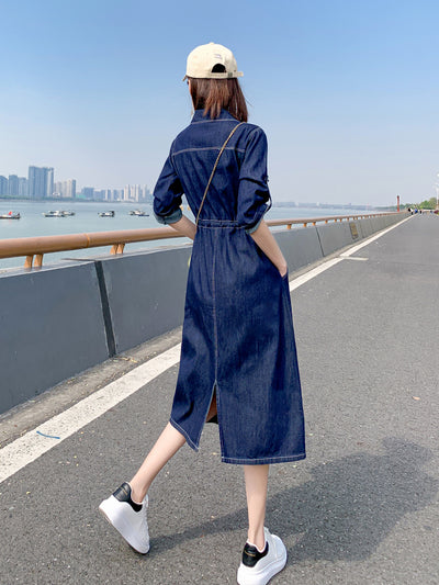 Vestido Denim Elegante Largo Hasta la Rodilla con Mangas Cortas para Mujer - Image 4