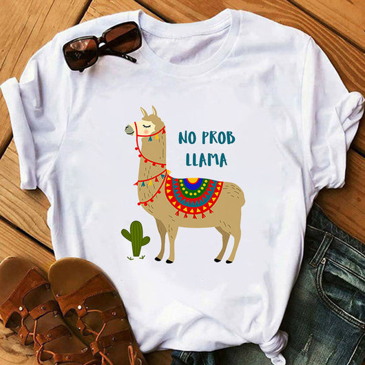 Camiseta Estampada Alpaca Cartoon - Manga Corta Pintada a Mano