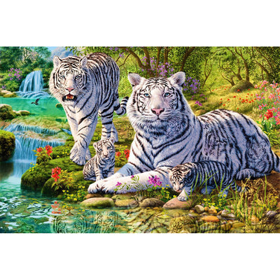 Pintura de Diamantes Tigre Familia en Bosque - Mosaico Brillante para Decoración del Hogar