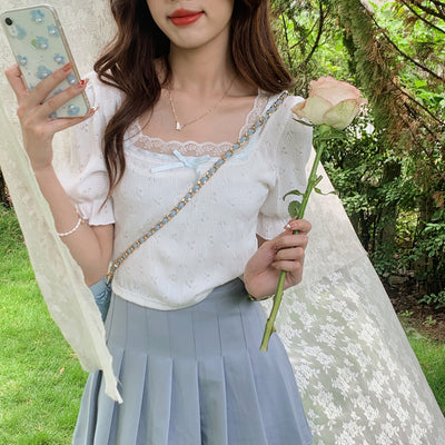 Blusa Corta de Encaje Calado con Moño - Top Tendencia Deseo Puro