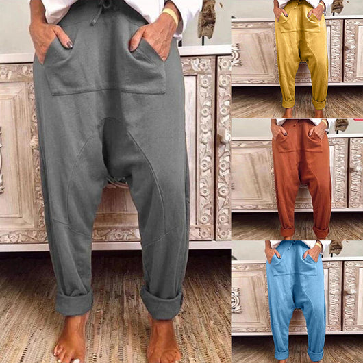 Pantalones Harem Casual con Cordones y Detalles de Encaje para Mujer