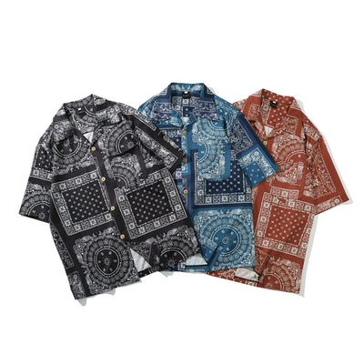 Camisa Retro Estampado Flor de Anacardo Manga Corta para Hombre