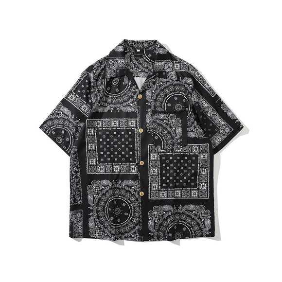 Camisa Retro Estampado Flor de Anacardo Manga Corta para Hombre