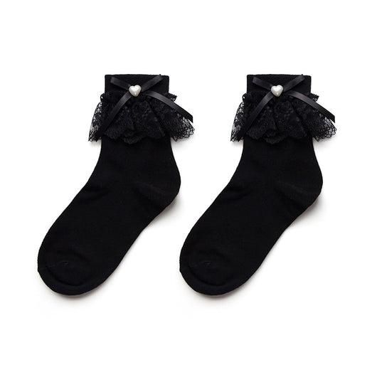Calcetines Lolita con Encaje Blanco, Moño y Detalles Perlados - Image 7