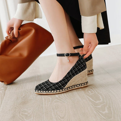 Zapatos Cuña de Paja Estilo Coreano Pata de Gallo Sexy - Image 3