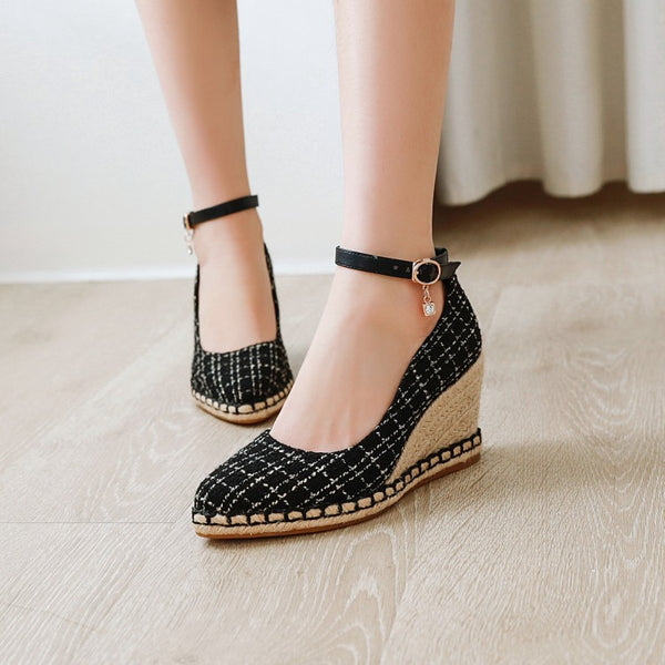 Zapatos Cuña de Paja Estilo Coreano Pata de Gallo Sexy