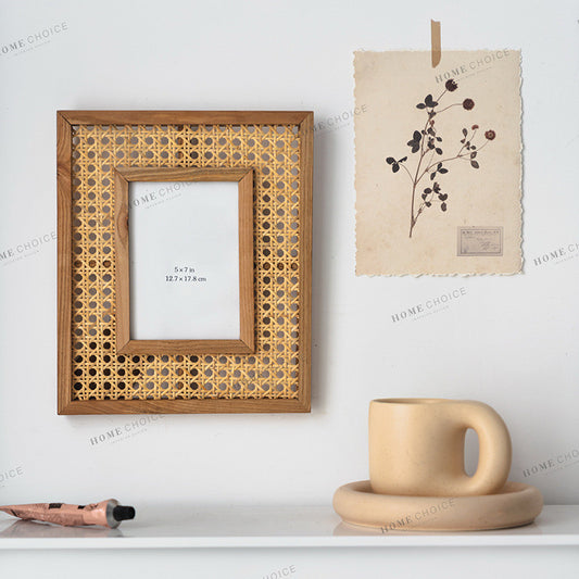 Marco de Fotos de Madera Maciza y Ratán - Decoración de Escritorio