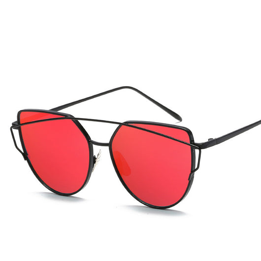 Black cat eye reflective women's sunglasses with dark lenses and a sleek metal frame, featuring a double bridge. - Image 13