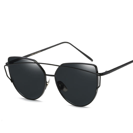 Black cat eye reflective women's sunglasses with dark lenses and a sleek metal frame, featuring a double bridge. - Image 16