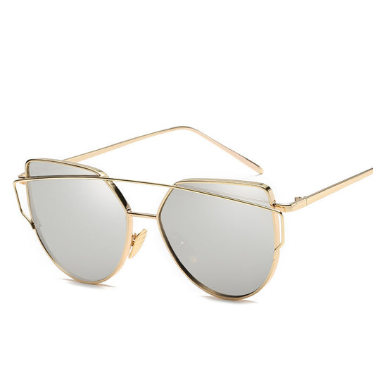 Black cat eye reflective women's sunglasses with dark lenses and a sleek metal frame, featuring a double bridge. - Image 7