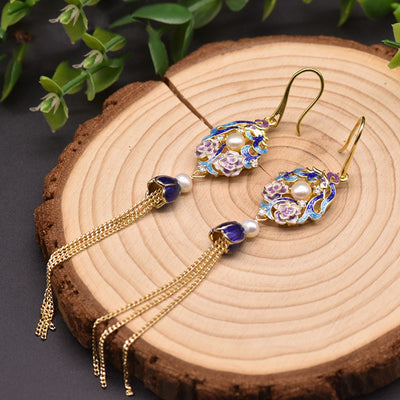 Aretes de Perla de Agua Dulce Vintage Cloisonné Largos Estilo Europeo - Image 7
