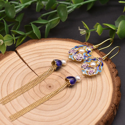 Aretes de Perla de Agua Dulce Vintage Cloisonné Largos Estilo Europeo - Image 8