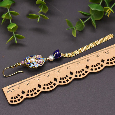 Aretes de Perla de Agua Dulce Vintage Cloisonné Largos Estilo Europeo - Image 9