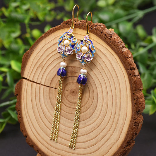 Aretes de Perla de Agua Dulce Vintage Cloisonné Largos Estilo Europeo