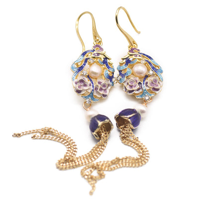 Aretes de Perla de Agua Dulce Vintage Cloisonné Largos Estilo Europeo - Image 2