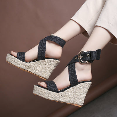 Sandalias Cuña Grandes Mujer Lino Color Sólido Tacón Alto - Image 9