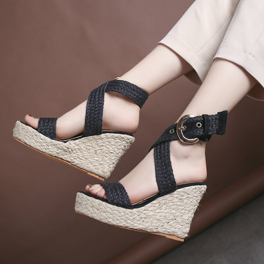 Sandalias Cuña Grandes Mujer Lino Color Sólido Tacón Alto - Image 9