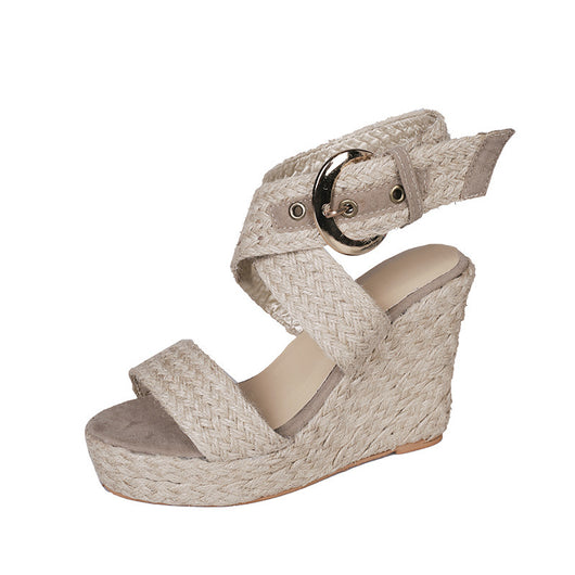 Sandalias Cuña Grandes Mujer Lino Color Sólido Tacón Alto - Image 8