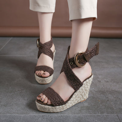 Sandalias Cuña Grandes Mujer Lino Color Sólido Tacón Alto - Image 2