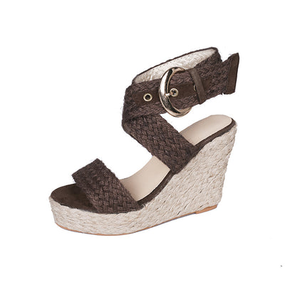 Sandalias Cuña Grandes Mujer Lino Color Sólido Tacón Alto