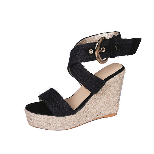 Sandalias Cuña Grandes Mujer Lino Color Sólido Tacón Alto - Image 3