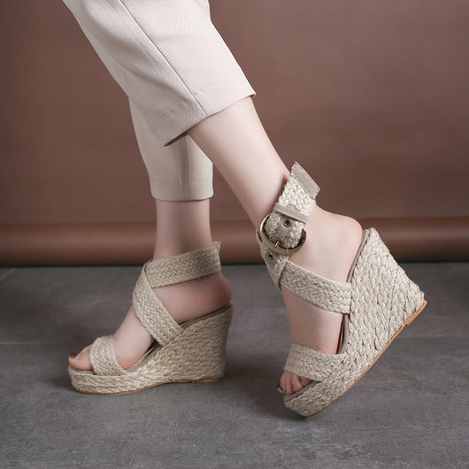 Sandalias Cuña Grandes Mujer Lino Color Sólido Tacón Alto - Image 5