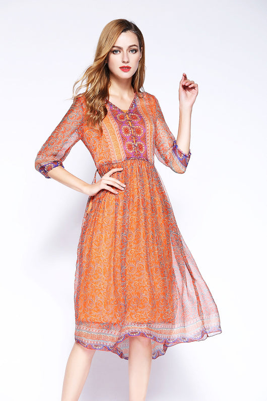 Vestido Bohemio Floral Largo Media Pierna Escote V Playa - Image 9